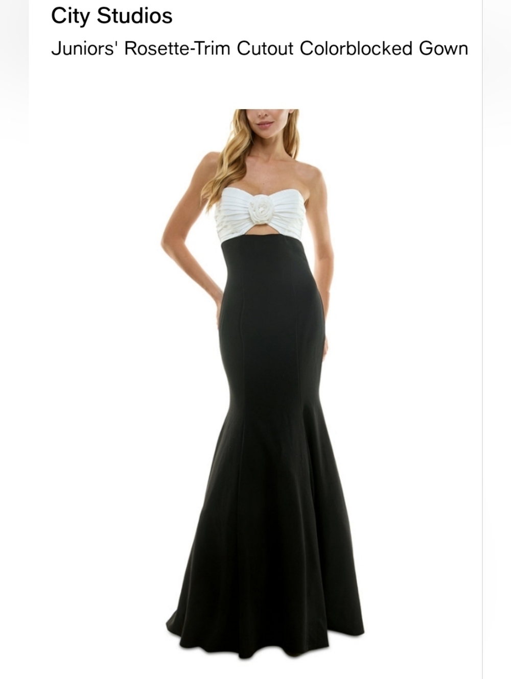 City Studios Strapless Black and White Rosette Cutout Mermaid Gown